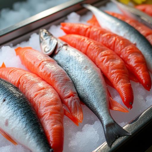 A variety of fresh fish and seafood beautifully arranged on ice.